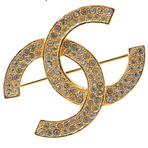 CHANEL CC Logo Rhinestone Brooch Gold Tone Pin Auth w/Box #5992 - Picture 1 of 5